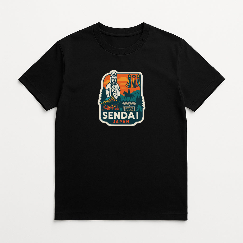 A black t-shirt with a graphic design featuring a stylized figure and text that reads "SENDAI JAPAN".