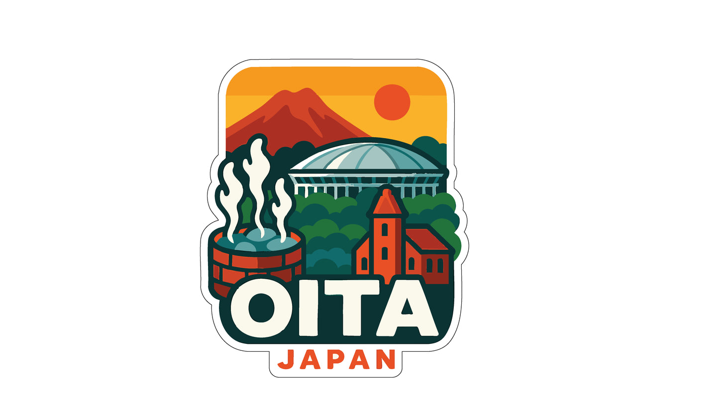 a sticker or logo with a stylized illustration of a cityscape, including a mountain, a dome-shaped building, and steam rising from a brick structure. The text "OITA JAPAN" is prominently displayed, indicating the location or theme of the image.