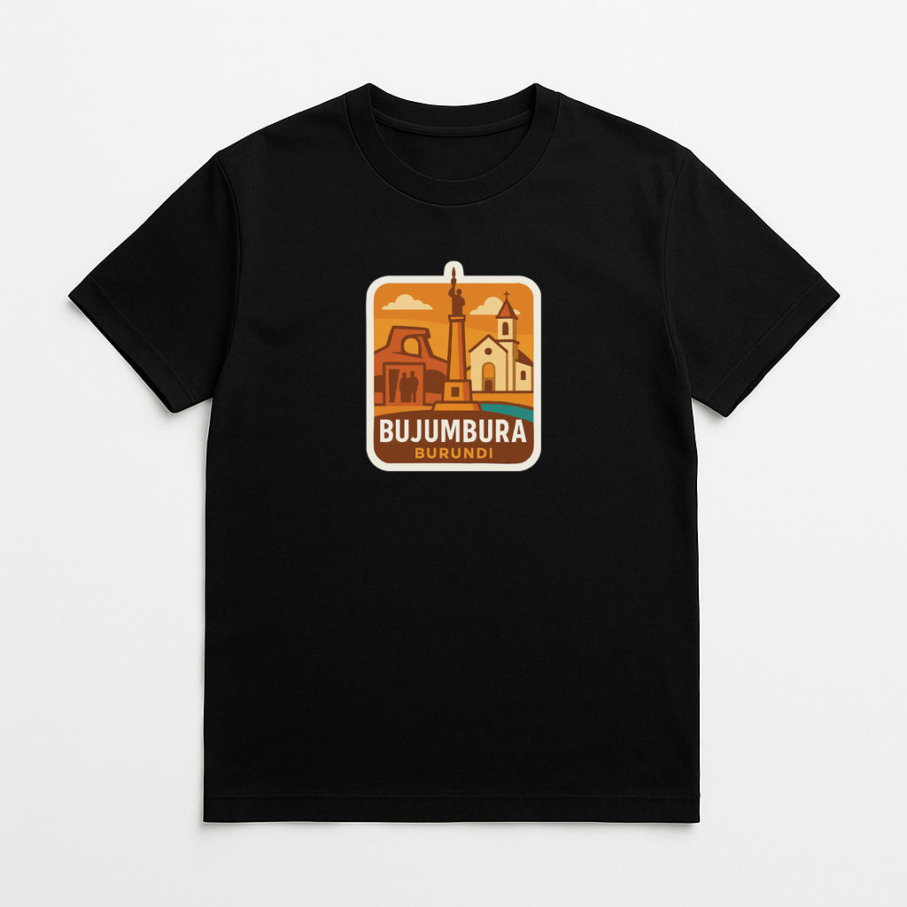 A black t-shirt with a graphic design depicting a city skyline and the text "BUJUMBARA BURUNDI" printed on it.