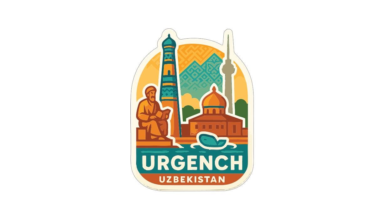 a sticker or emblem with various landmarks and symbols representing Urgench, Uzbekistan.