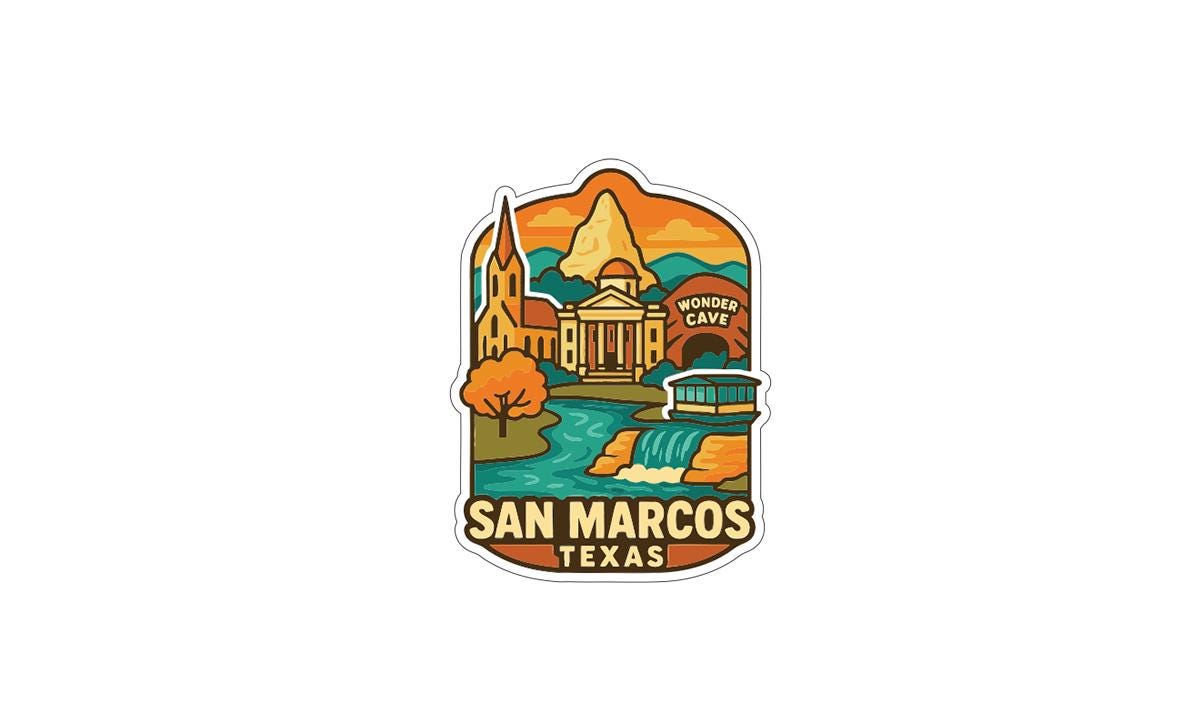 A sticker depicting the city of San Marcos, Texas, with various landmarks and scenery.