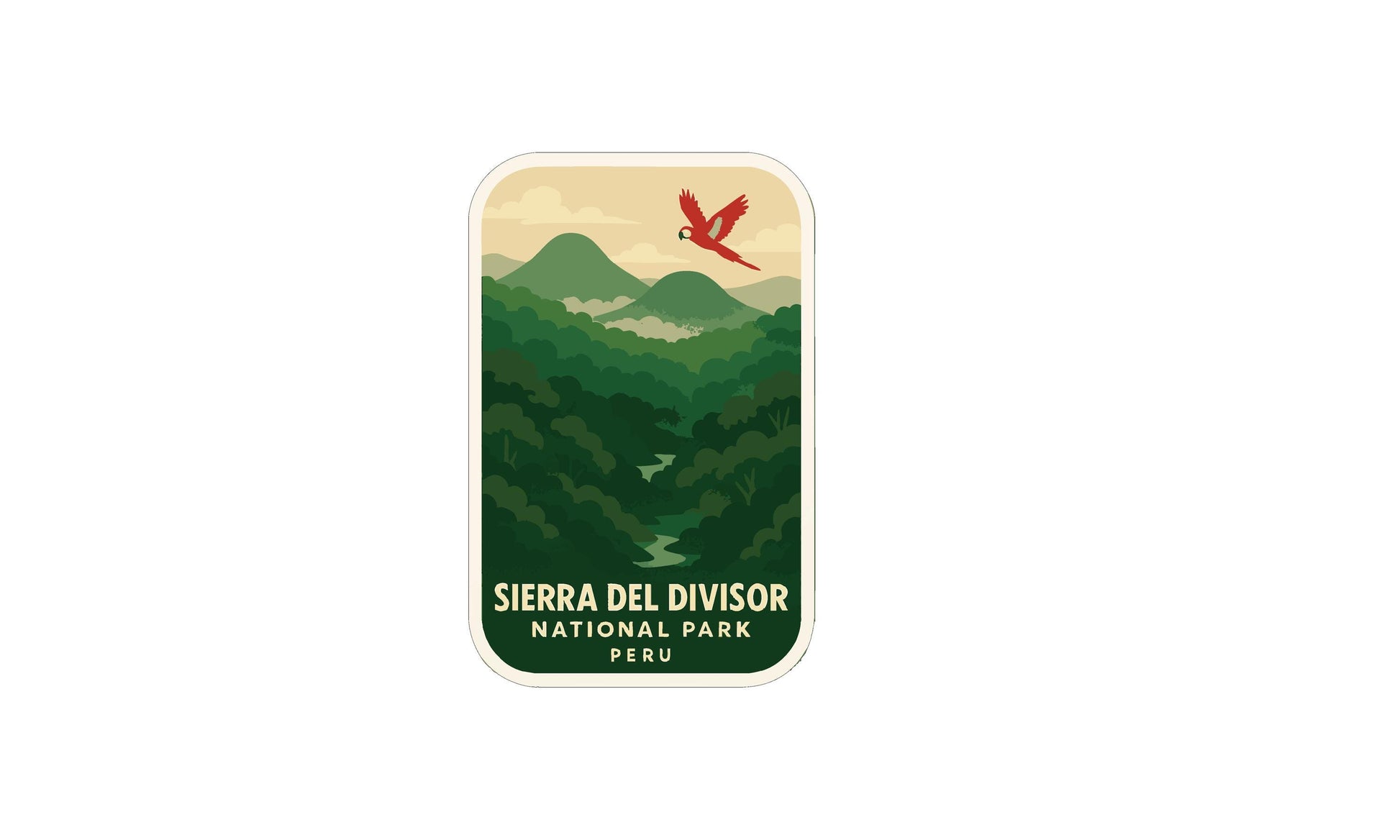a sticker or label for Sierra del Divisor National Park in Peru, depicting a red bird flying over a lush green forest landscape with mountains in the background.