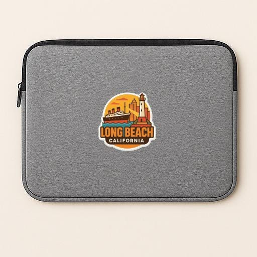 A gray laptop sleeve with a logo for Long Beach, California.