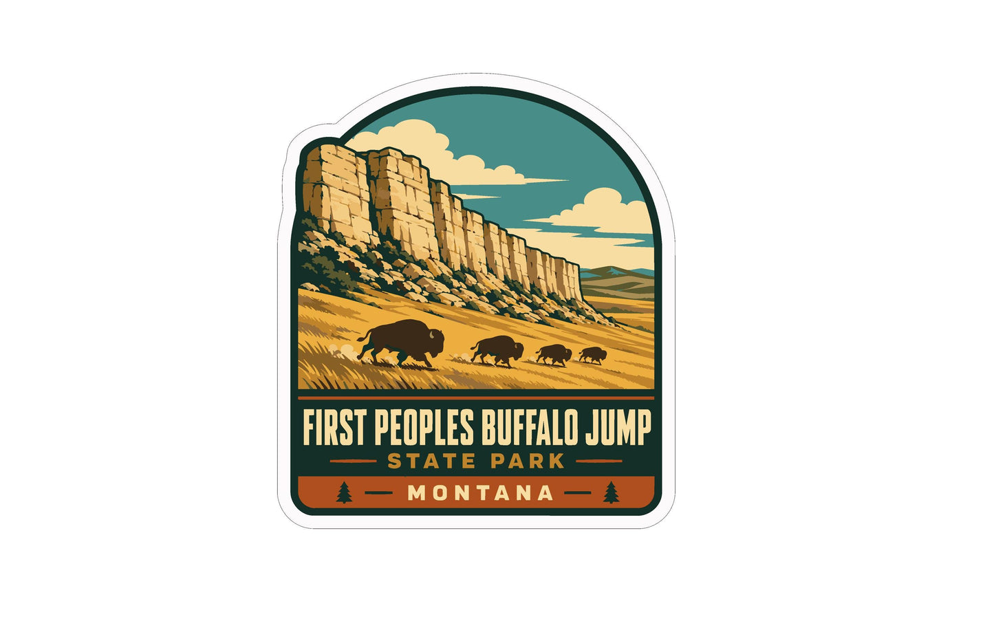 A sticker depicting a scenic landscape with a mountain range, bison, and a cloudy sky. The text on the sticker reads "First Peoples Buffalo Jump State Park - Montana".