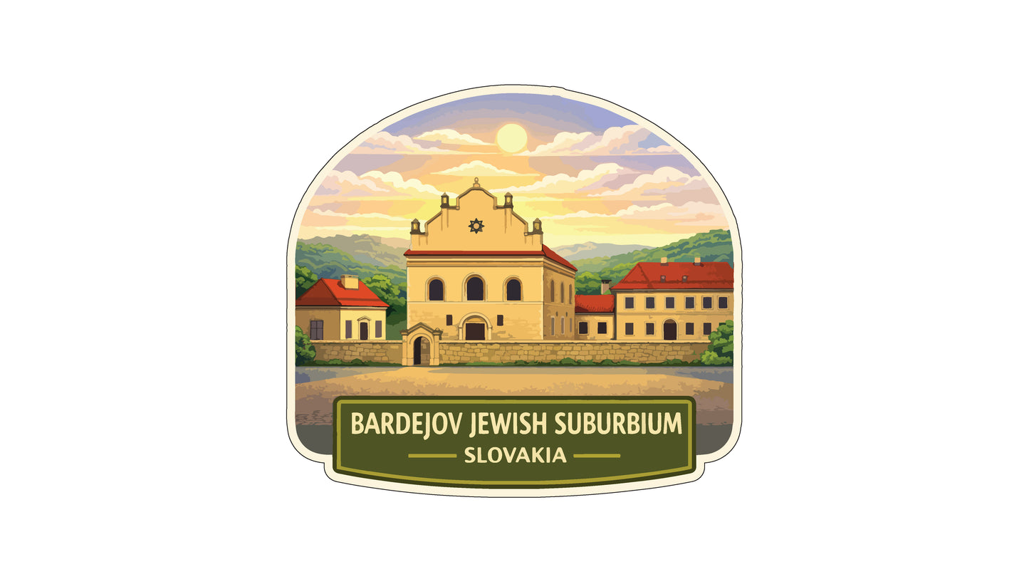 a large, ornate building with a red roof, surrounded by smaller buildings, set against a backdrop of a cloudy sky and a sunset.
