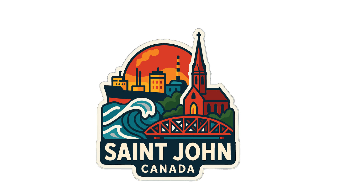 A sticker depicting the cityscape of Saint John, Canada, with a church, bridge, and waves in the foreground.
