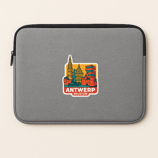a gray laptop sleeve with a sticker depicting the city of Antwerp, Belgium.