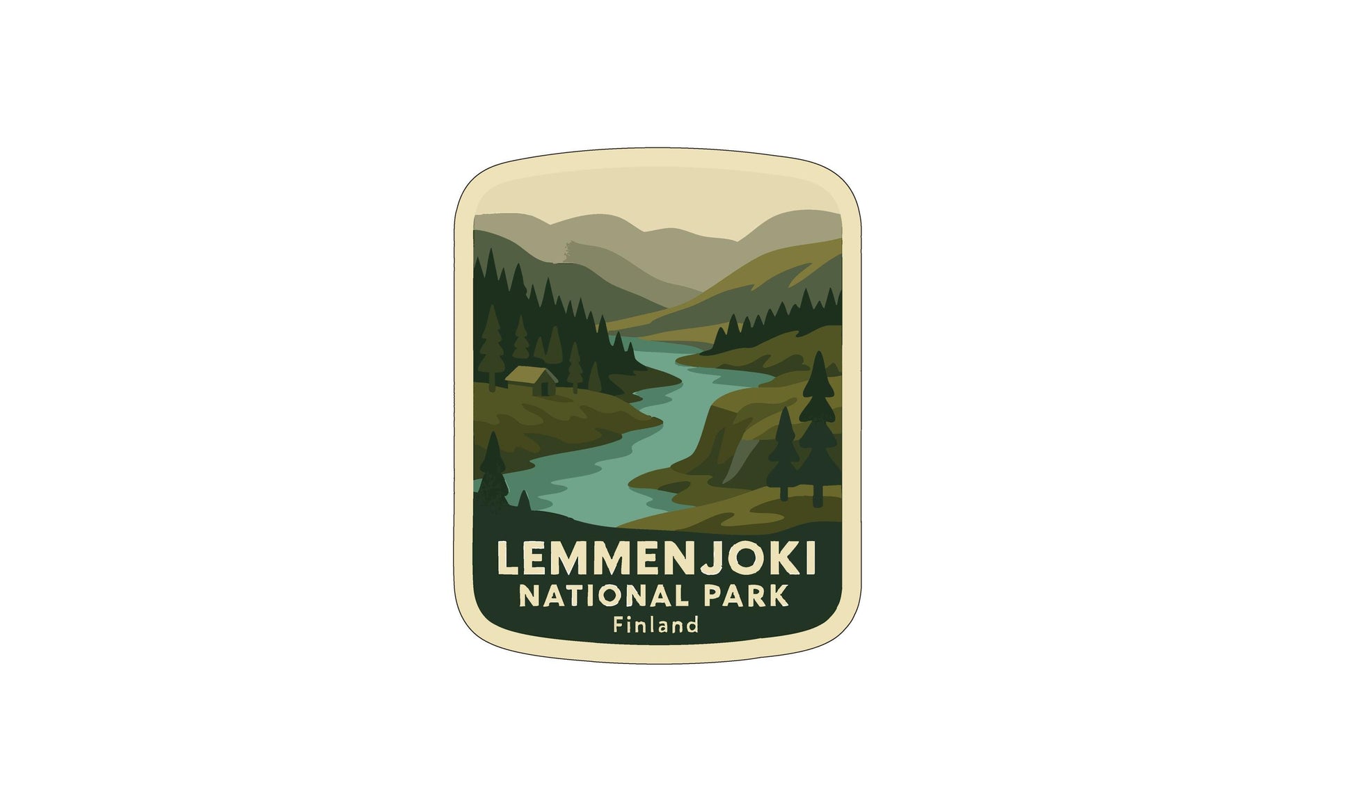 A sticker or label for Lemmenjoki National Park in Finland, featuring a scenic landscape with a river, mountains, and pine trees.