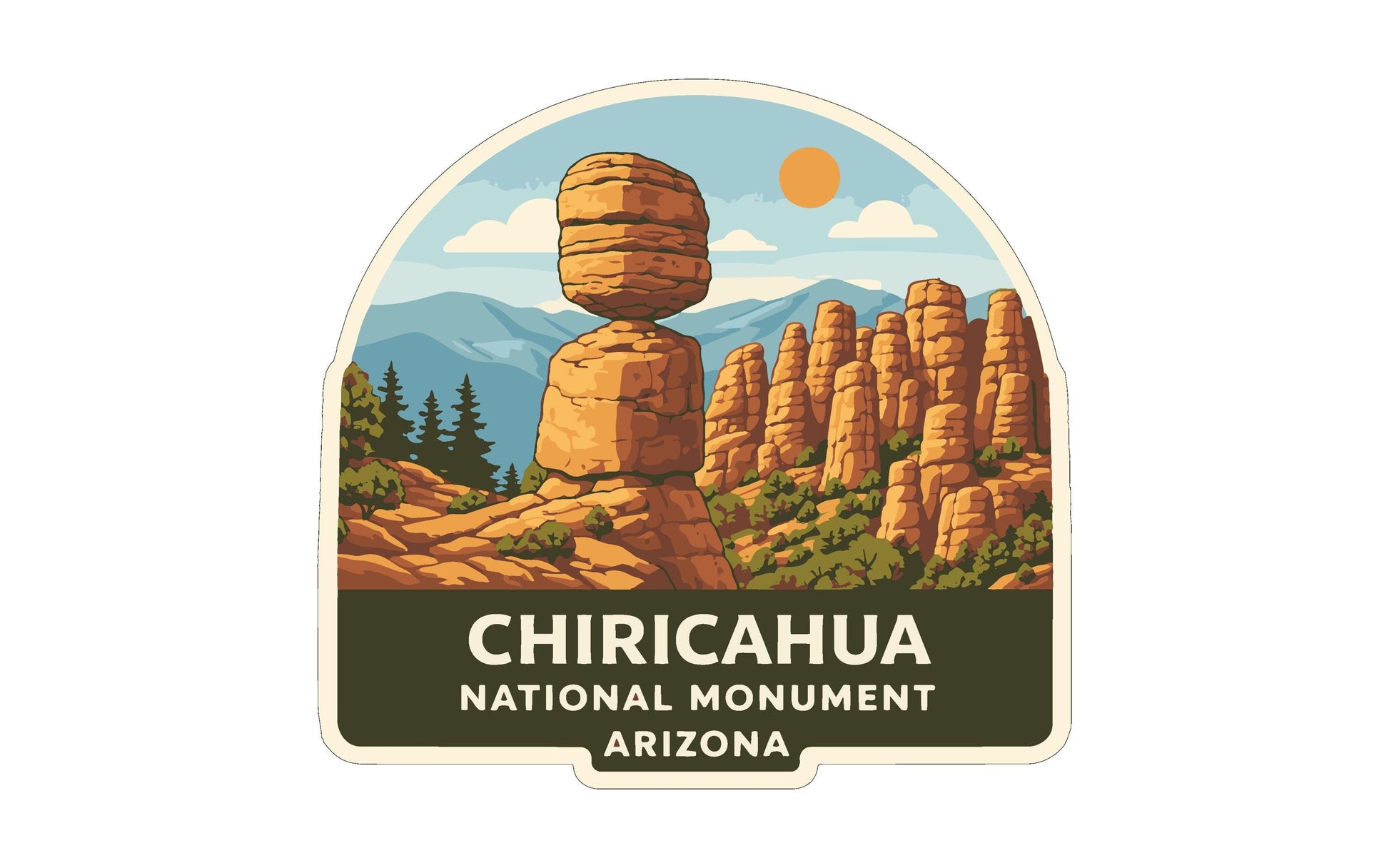 a sticker or label with a scenic illustration of the Chiricahua National Monument in Arizona.