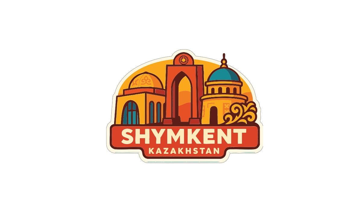 a stylized illustration of the skyline of Shymkent, Kazakhstan, with various architectural elements such as domes, arches, and towers.