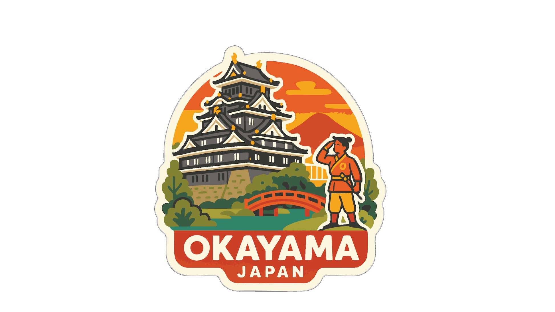 A sticker depicting the historic castle of Okaya Island in Japan, with a person in traditional Japanese attire standing in front of the castle.