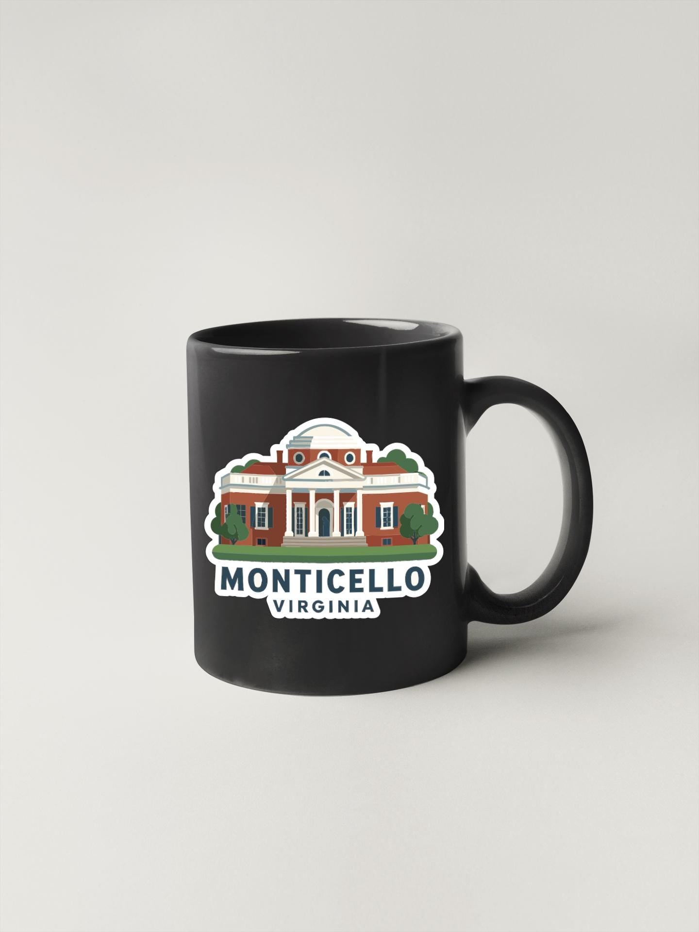 A black coffee mug with a graphic of the Monticello building in Virginia.