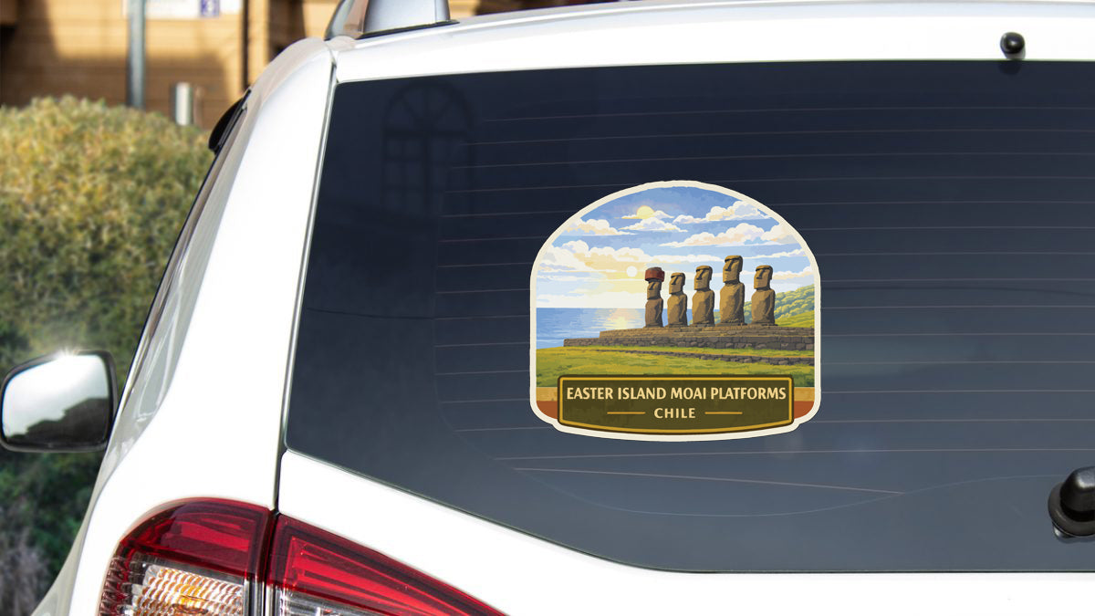 a sticker on the rear window of a car that displays the Easter Island Moai Platforms in Chile.