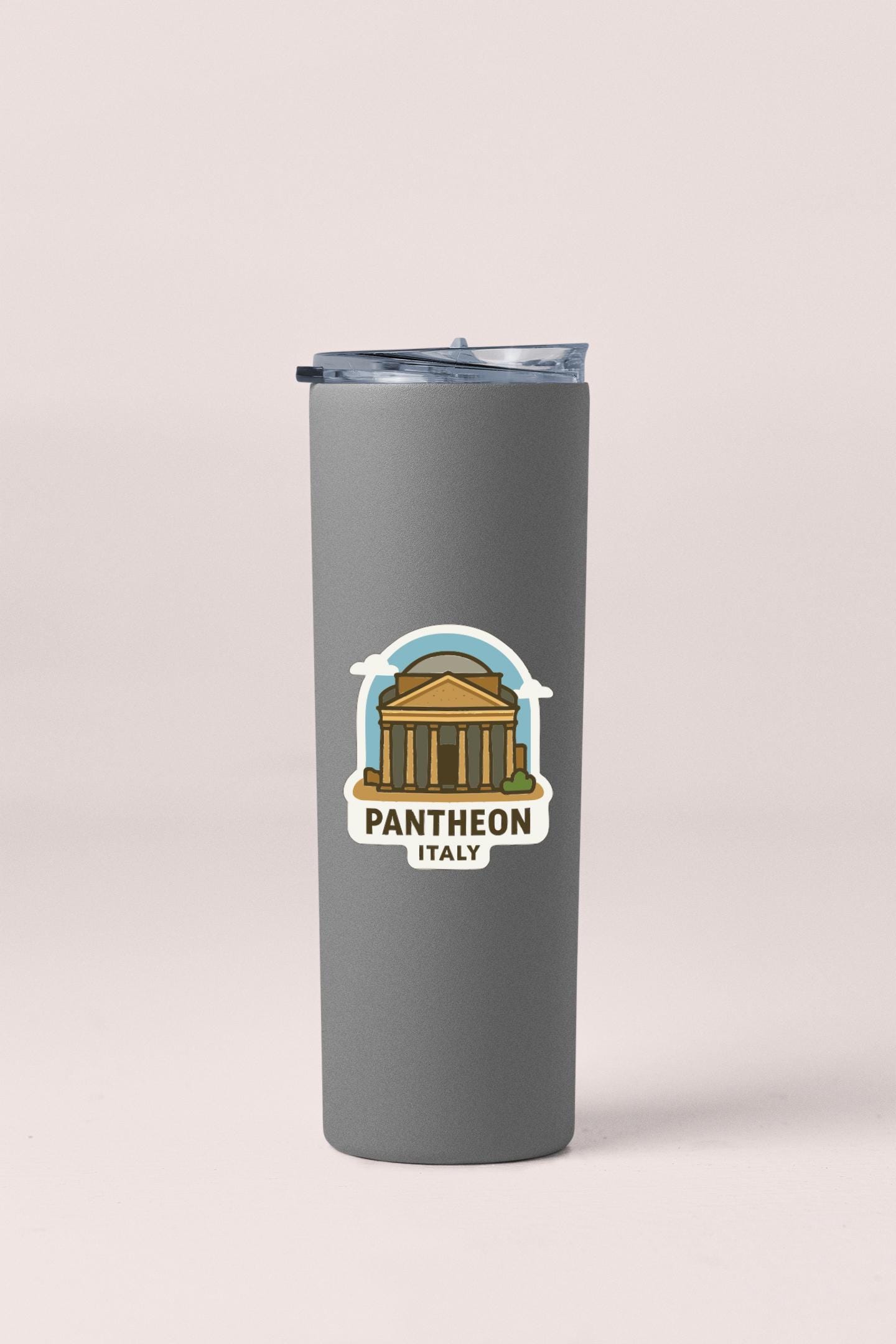 A gray insulated tumbler with a sticker depicting the Pantheon, a famous Roman temple in Rome, Italy.