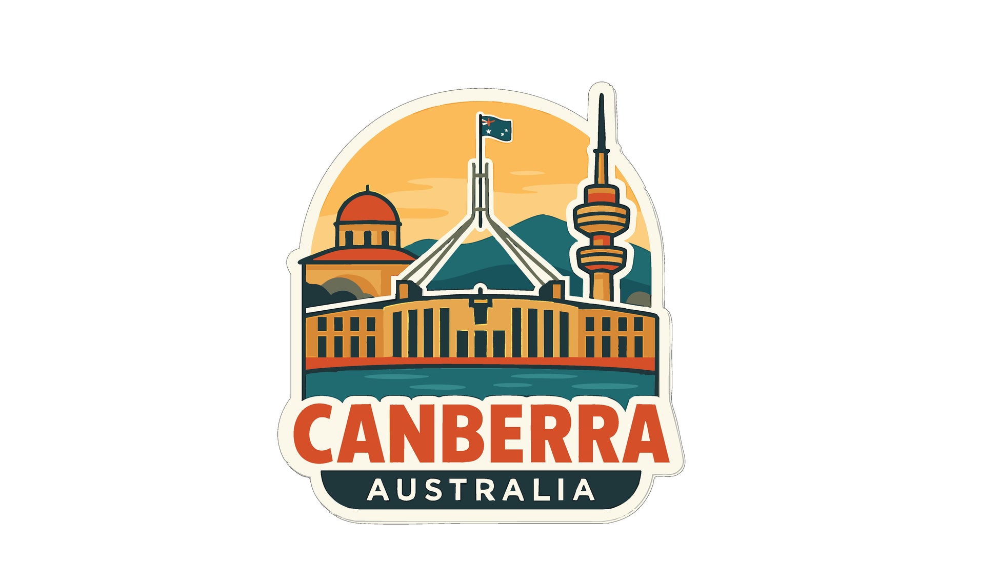 a sticker or emblem with the text "CANBERRA AUSTRALIA" prominently displayed. The sticker includes various iconic landmarks and structures, such as the Parliament Building, the Sydney Tower, and the Melbourne Cricket Ground, all set against a colorful background.