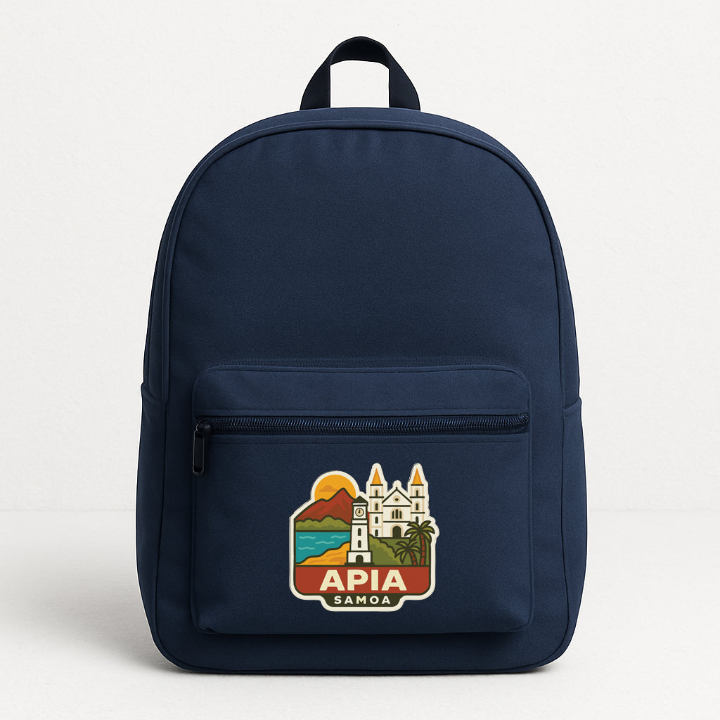 A navy blue backpack with a graphic of a tropical island and a castle, along with the text "APIA SAMOA".