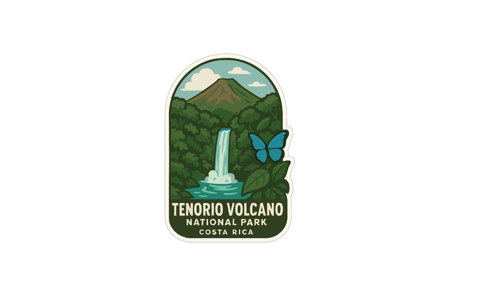 a sticker or emblem for Tenorio Volcano National Park in Costa Rica. It includes a waterfall, a butterfly, and a mountain in the background, along with the text "TENORIO VOLCÚNAL PARK COSTA RICA".