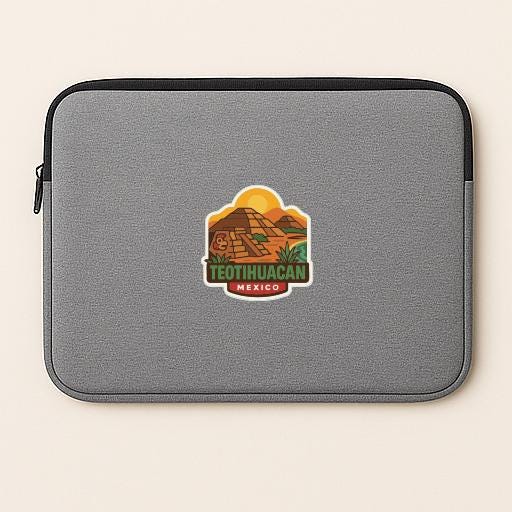 A gray laptop sleeve with a sticker depicting Teotihuacan, the ancient city in Mexico.