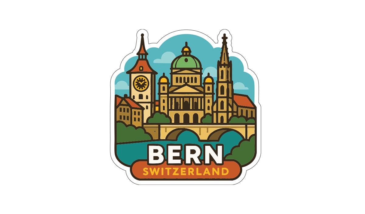 a sticker or illustration of the city of Bern, Switzerland, with various landmarks and buildings depicted in a stylized manner.