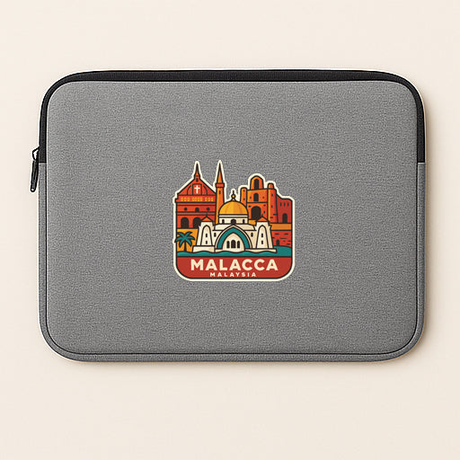 a gray laptop sleeve with a colorful sticker depicting a city skyline, specifically Malacca, Malaysia.