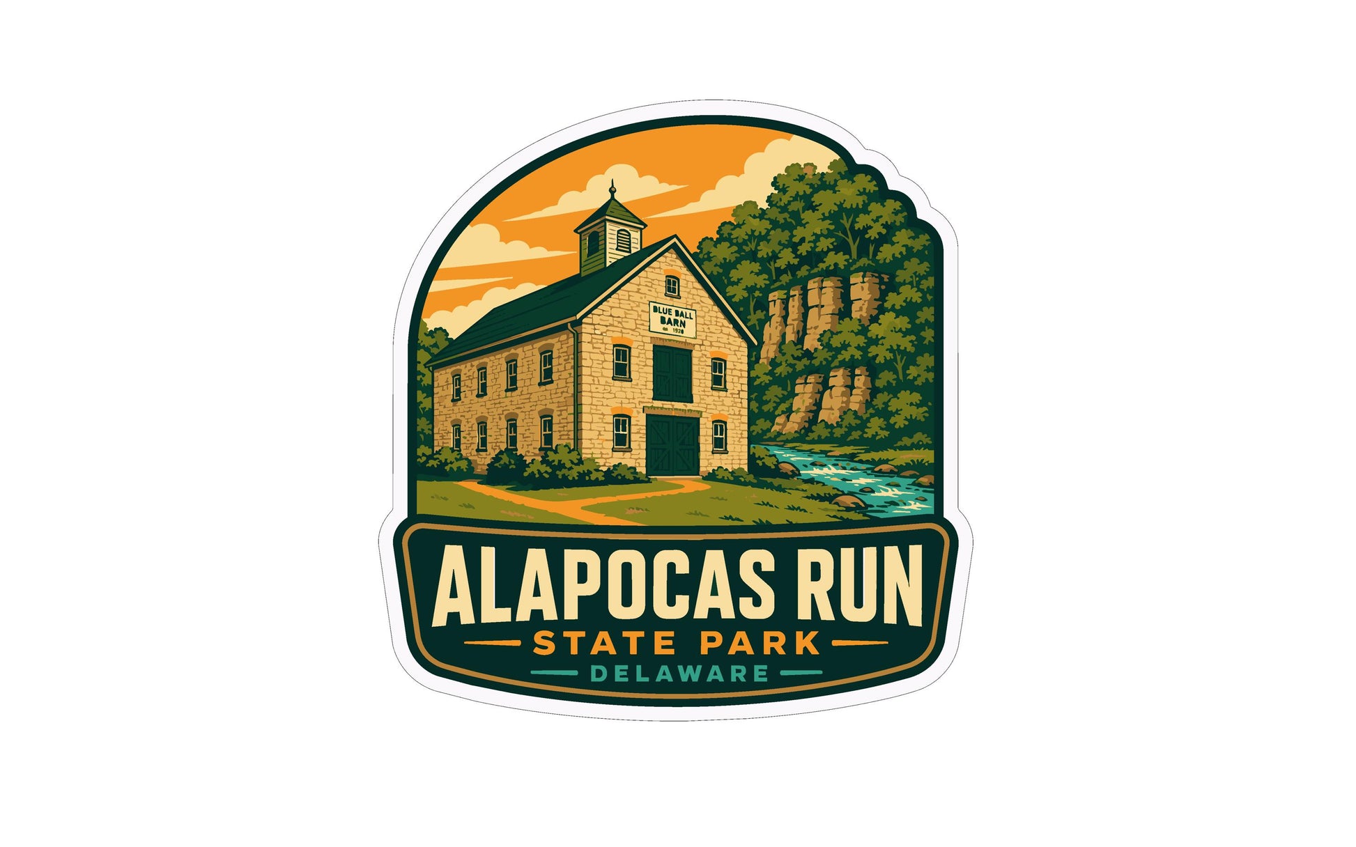 a sticker or logo for Alapocas Run State Park in Delaware. The sticker depicts a building surrounded by a scenic landscape, including a river and trees.