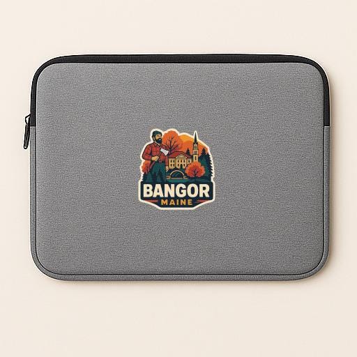 A gray laptop sleeve with a graphic design featuring a man in a red jacket and the text "BANGOR MAINE" printed on it.
