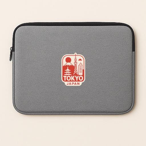 A gray laptop sleeve with a red and white logo of Tokyo, Japan, printed on it.