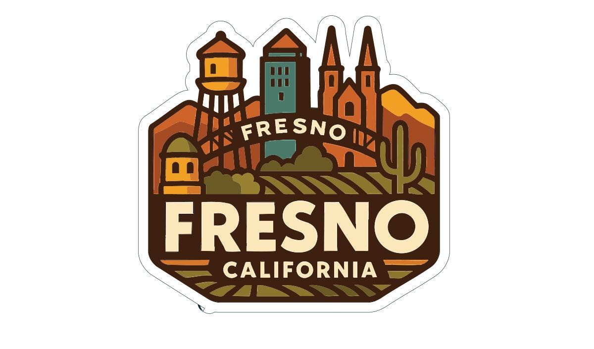 A sticker or emblem featuring the city of Fresno, California, with various landmarks and elements such as a water tower, buildings, a bridge, and a desert landscape.