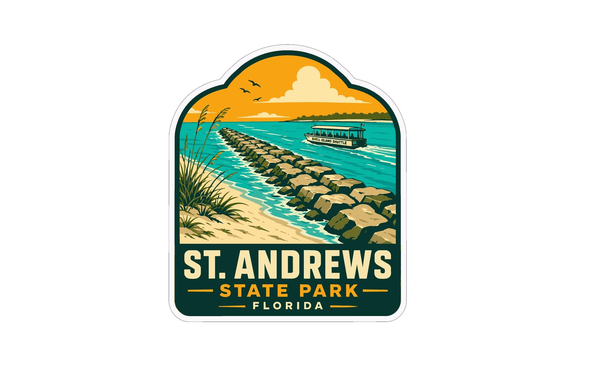 St. Andrews State Park logo featuring a boat on the water, a beach with rocks, and a sunset sky.