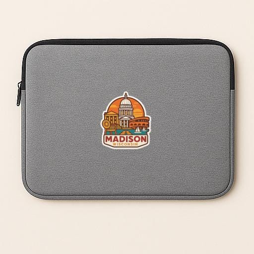 A gray laptop sleeve with a graphic of the Madison, Wisconsin skyline.