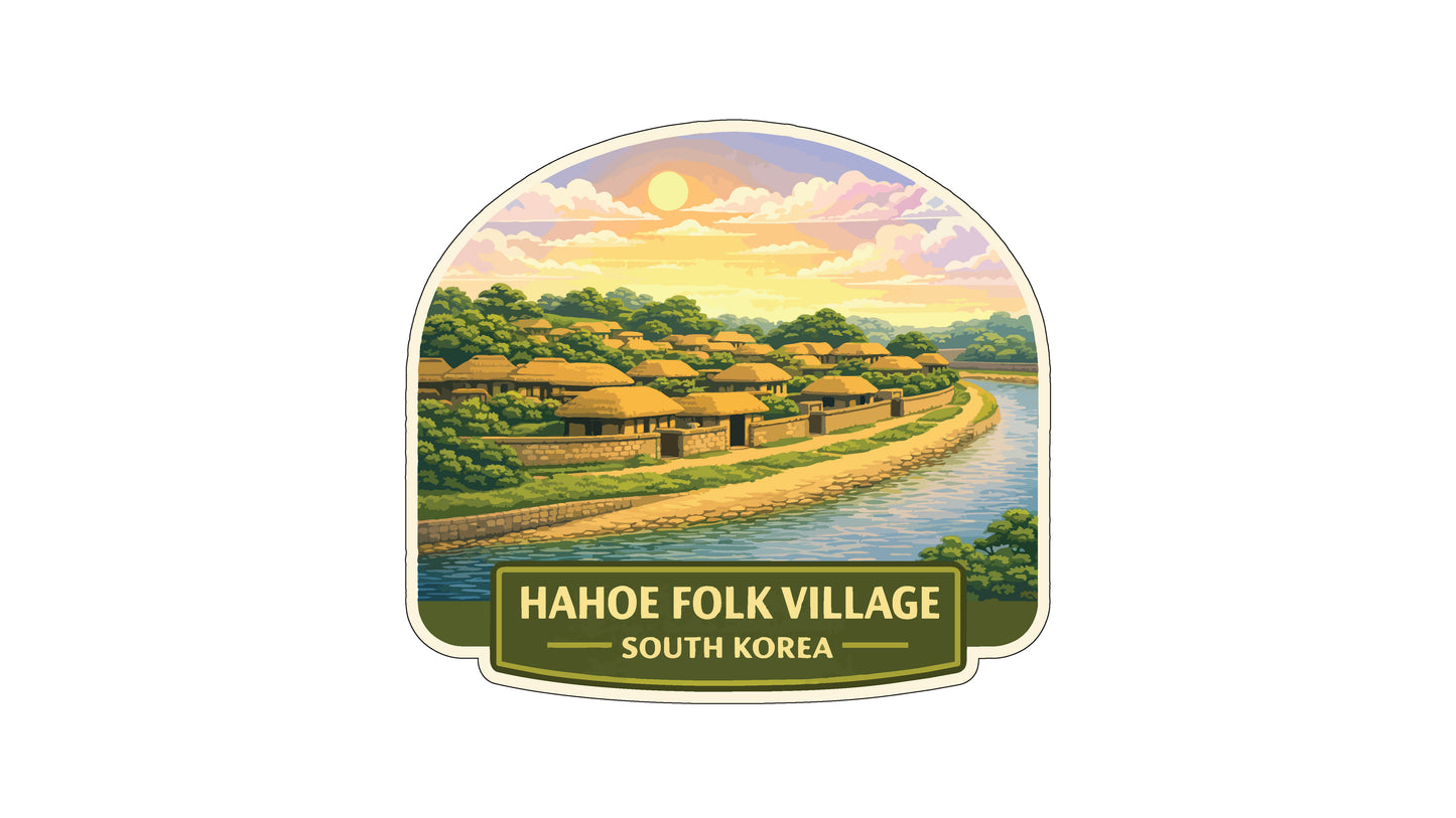A sticker or label depicting a village with traditional Korean houses along the shore of a river, set against a colorful sunset sky.