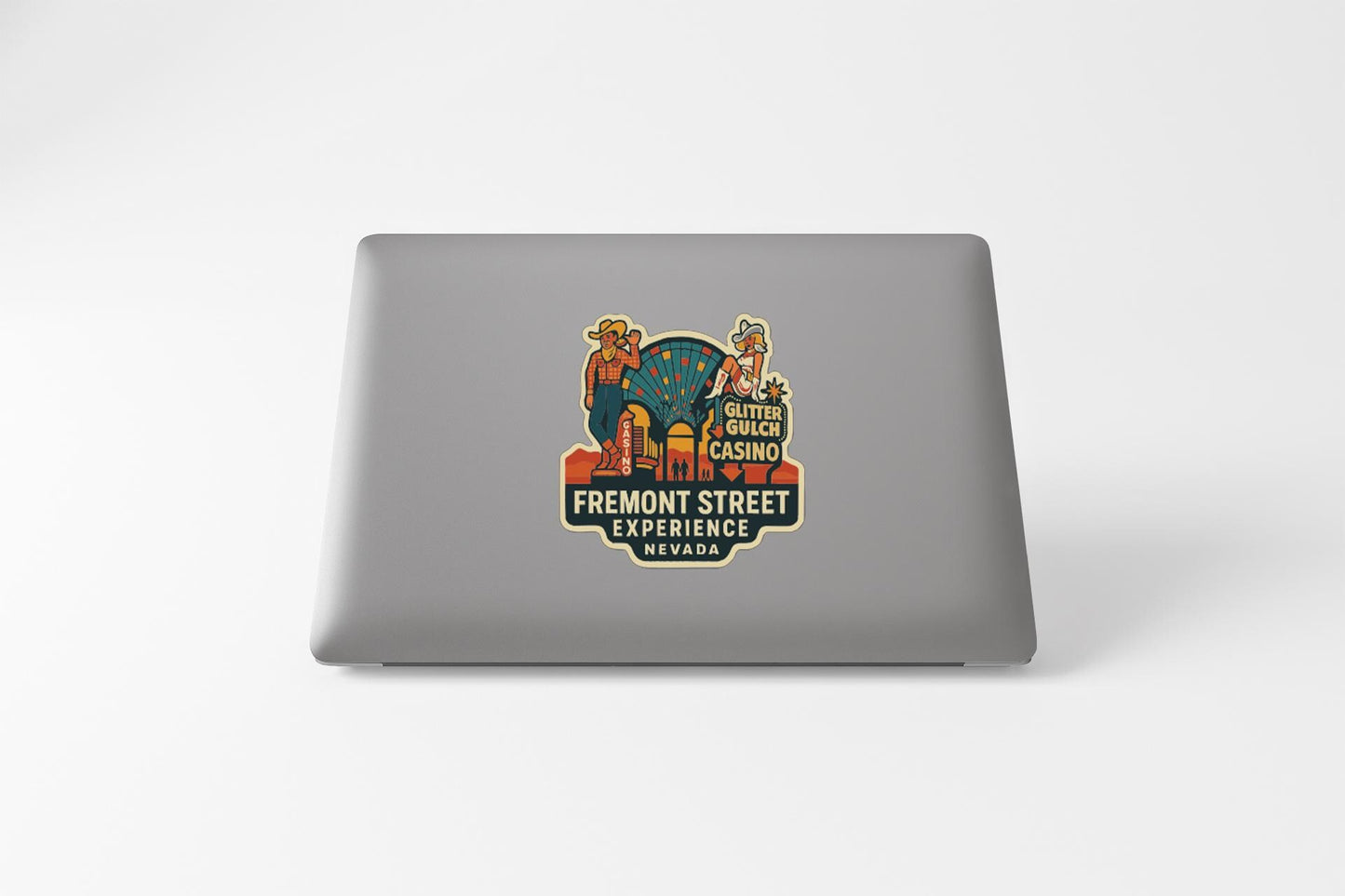 a sticker with a colorful illustration of a casino, specifically the Fremont Street Casino in Nevada.
