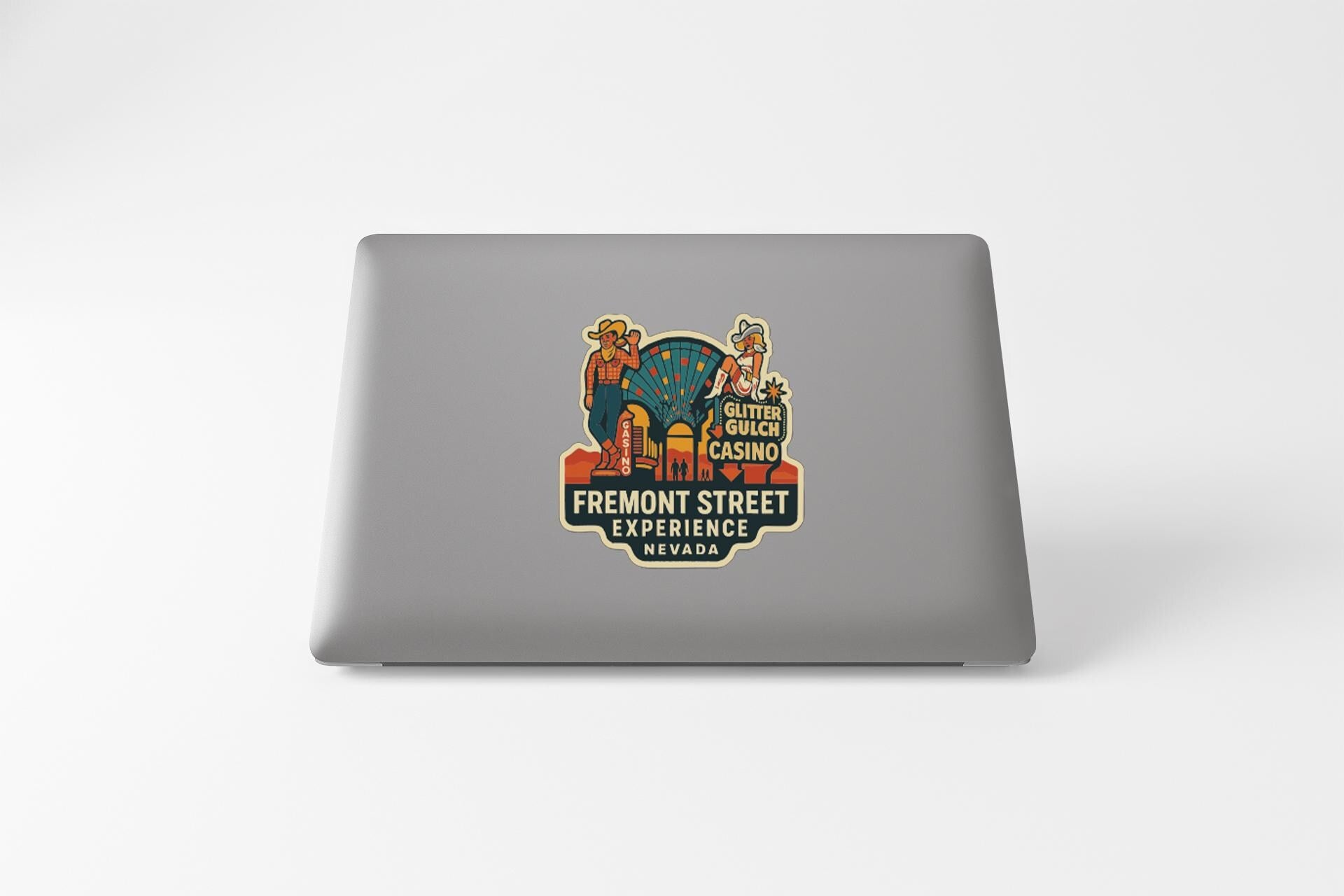 a sticker with a colorful illustration of a casino, specifically the Fremont Street Casino in Nevada.