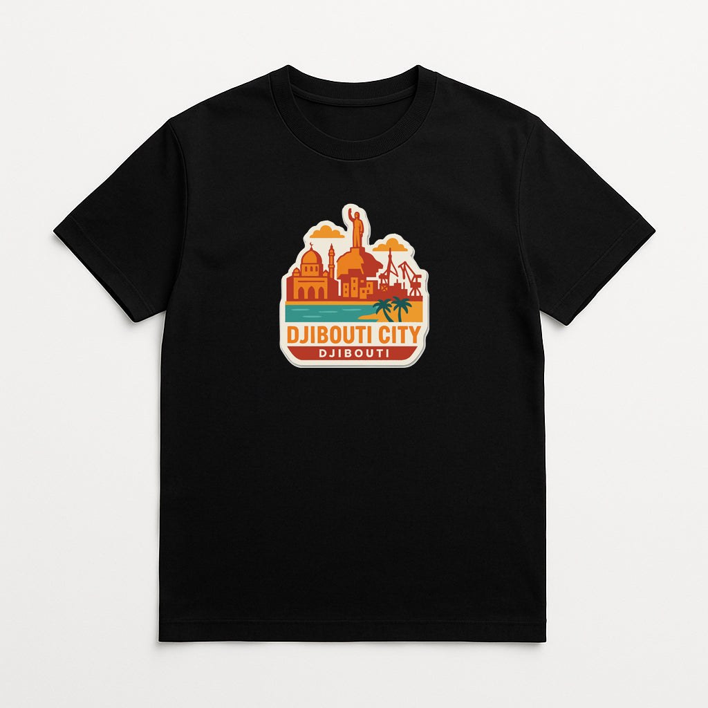 A black t-shirt with a graphic design depicting the city of Djibouti, including landmarks and a monument.