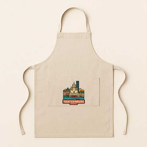 A beige apricot with a graphic of a city skyline and the text "Vekaterinburg" printed on it.