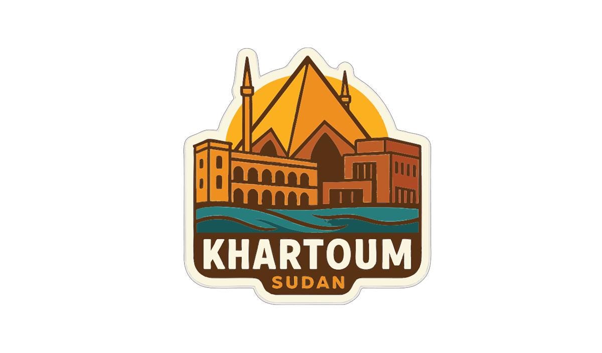 a sticker or logo with a stylized illustration of a cityscape, including a pyramid-shaped building, surrounded by water.