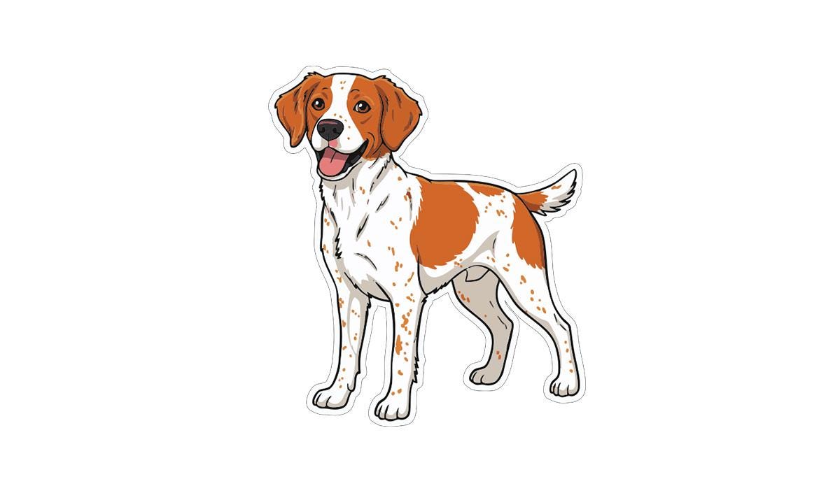 A cartoon illustration of a happy, spotted dog with a friendly expression.