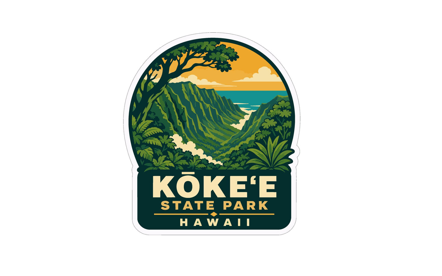 A sticker depicting a scenic landscape with mountains, trees, and a body of water, with the text "KÖKÉ'E STATE PARK HAWAII" prominently displayed.