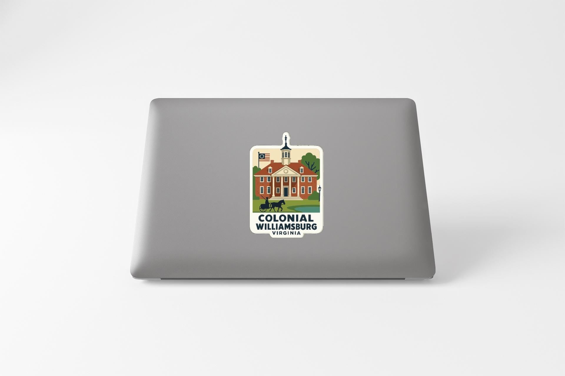 a sticker with a building and a horse, representing the Colonial Williamsburg, Virginia, location.