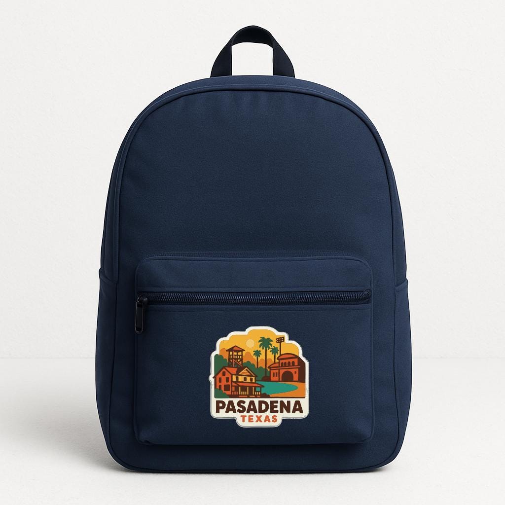 A navy blue backpack with a printed design of a cityscape and the text "PASADENA TEXAS" on the front pocket.