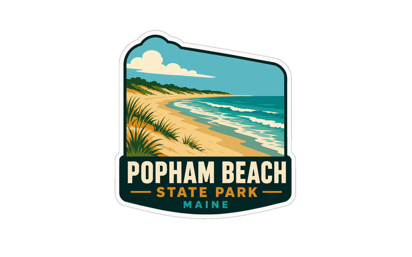 A sticker depicting a beach scene with a sandy shore, grassy dunes, and waves crashing against the shore, with the text "POPHAM BEACH STATE PARK MAINE" prominently displayed.