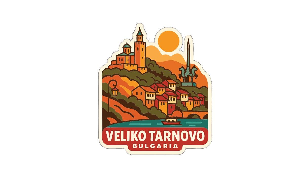 a sticker or illustration of the town of Veliko Tarnovo, Bulgaria. The town is depicted with a castle, a lighthouse, and a river, all set against a backdrop of a sunset. The text "VELIKO TARNOVO BULGARIA" is prominently displayed, indicating the location of the town.
