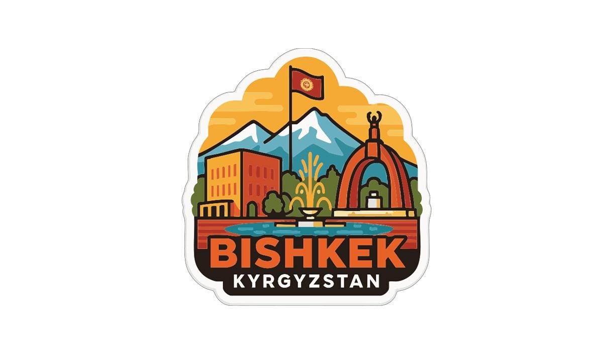 a sticker or logo with a cityscape and a flag, representing the city of Bishkek, Kyrgyzstan.