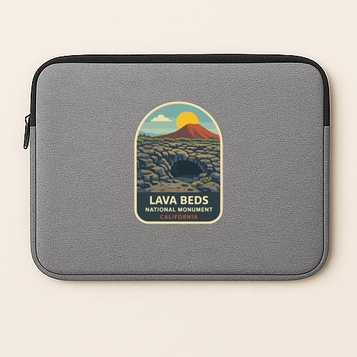 A gray laptop sleeve with a sticker depicting the Lava Beds National Monument in California.