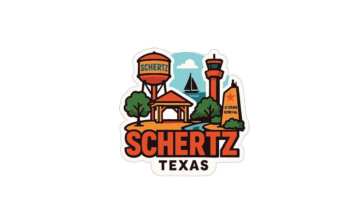 A sticker depicting the town of Schertz, Texas, with various landmarks and symbols, including a water tower, lighthouse, and a sailboat.