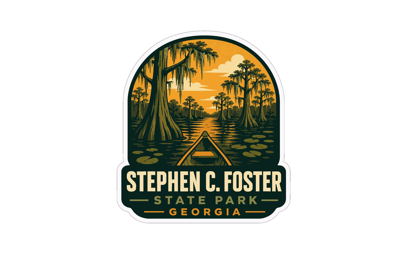 A sticker or logo featuring a boat on a river surrounded by trees and a sunset in the background, with the text "STEPHEN C. FOSTER STATE PARK GEORGIA" below it.