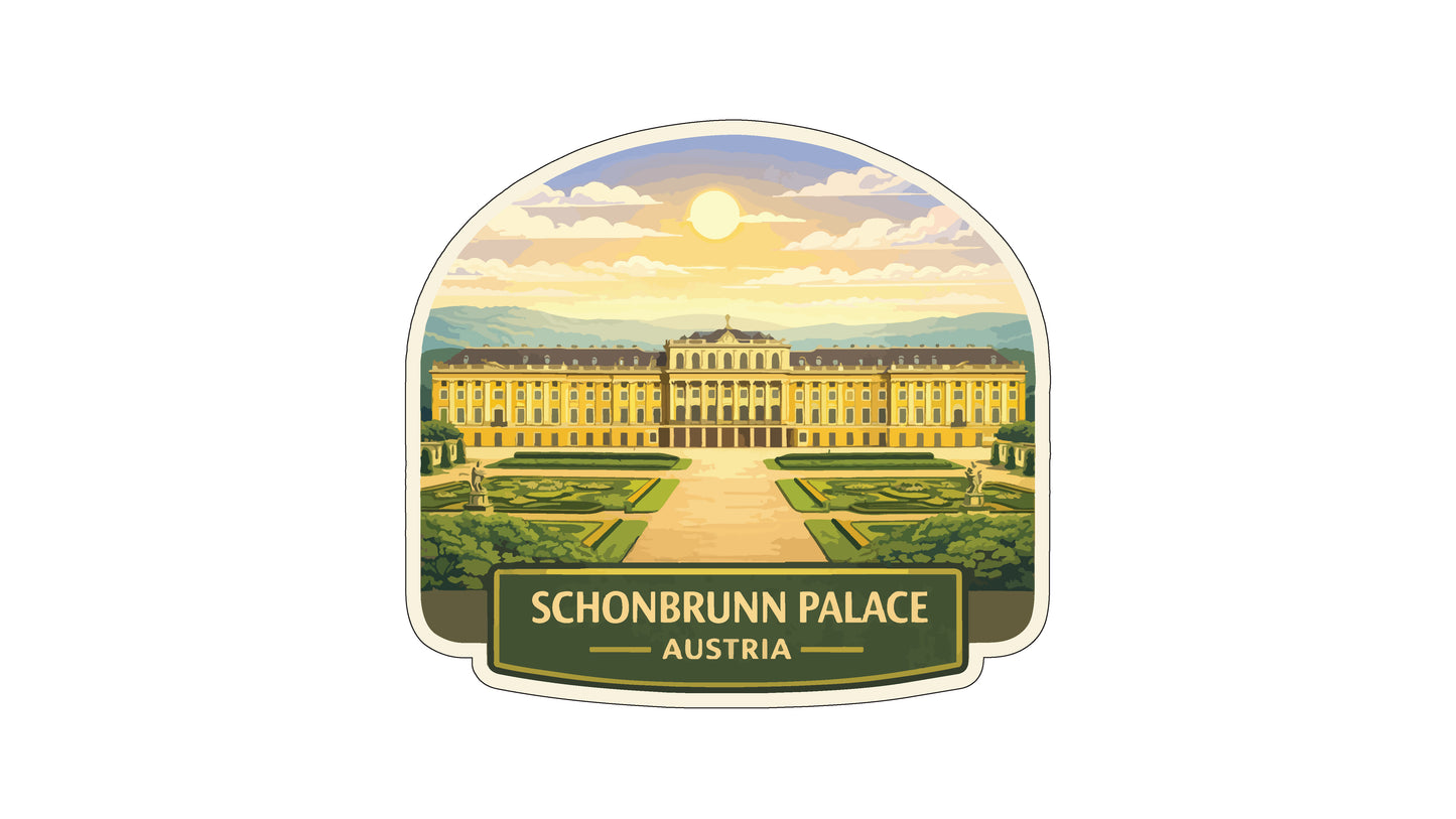 a large, ornate palace with a well-manicured garden in the foreground. The palace is surrounded by a large, open courtyard, and the sky above is a beautiful, sunny day. The image is a collage of multiple images, and the text "SCHONBRUNN PALACE AUSTRIA" is prominently displayed.