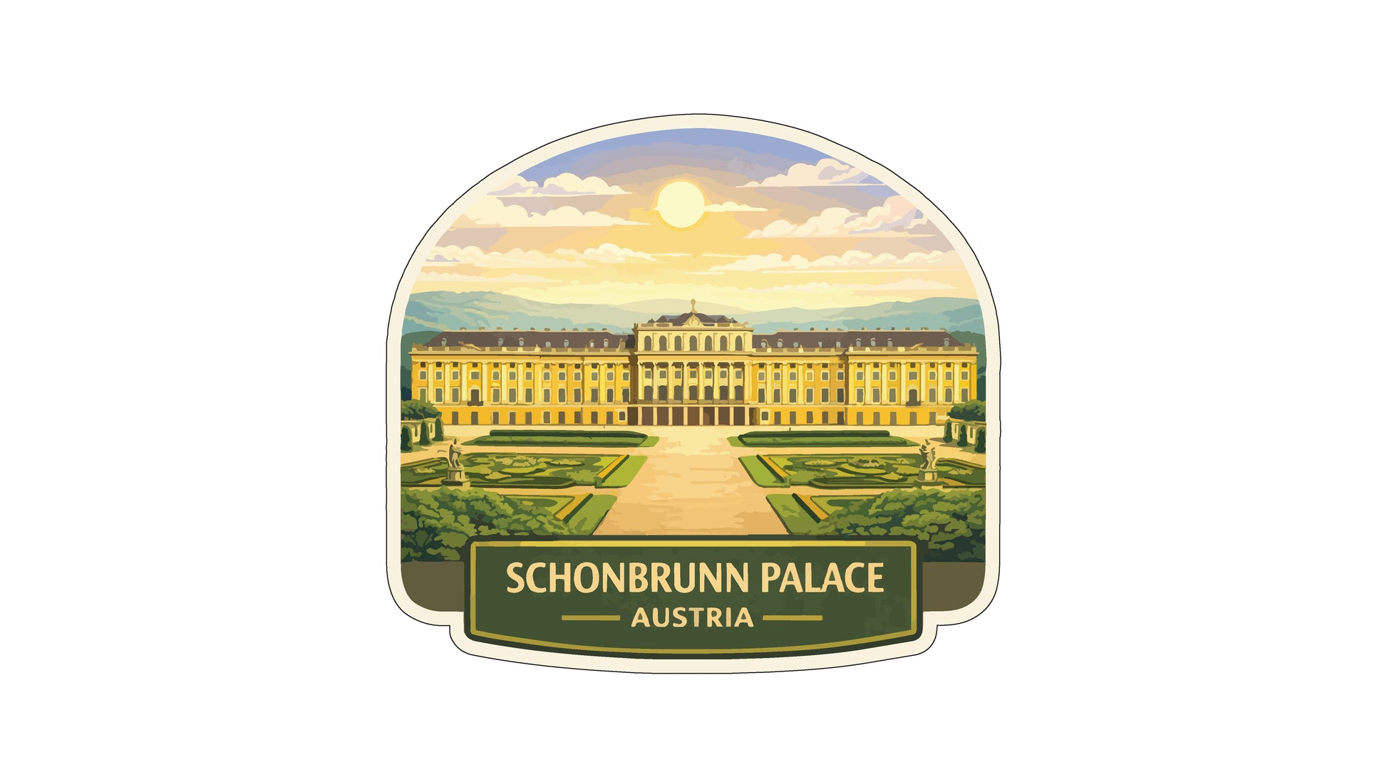 a large, ornate palace with a well-manicured garden in the foreground. The palace is surrounded by a large, open courtyard, and the sky above is a beautiful, sunny day. The image is a collage of multiple images, and the text "SCHONBRUNN PALACE AUSTRIA" is prominently displayed.