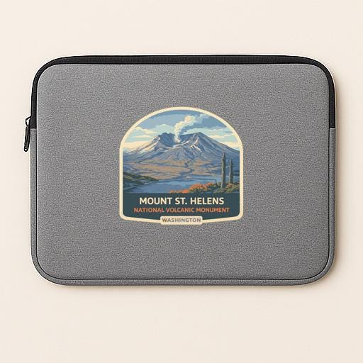 a gray laptop sleeve with a sticker depicting Mount St. Helens, the National Volcanic Monument in Washington.