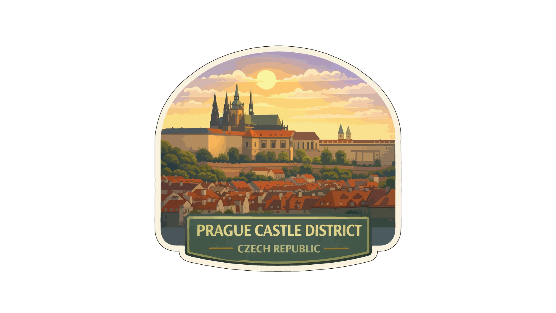 a stylized illustration of the Prague Castle District in the Czech Republic, with a castle and surrounding buildings set against a colorful sky.